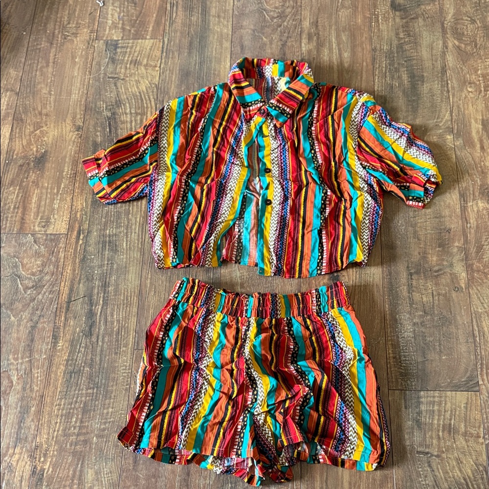 Colorful Striped Cropped Button Up and Shorts Set Large
